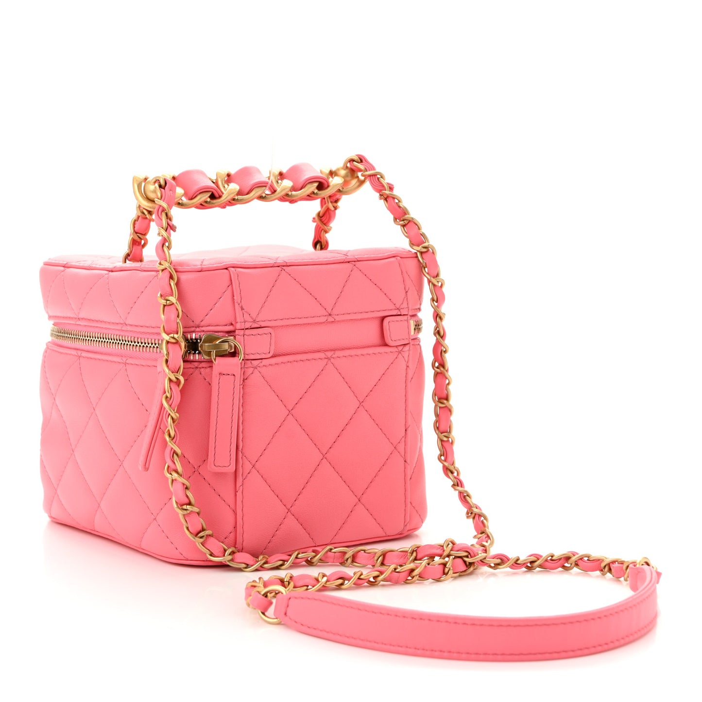 Calfskin Quilted Small Vanity Case With Chain Coral Pink