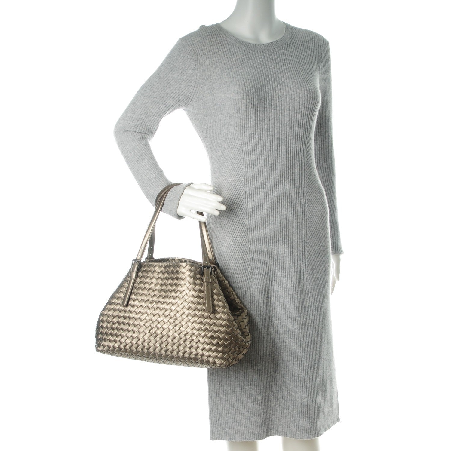 Bottega Veneta Metallic Grosgrain Intrecciato Medium A Shape Seamless Tote Fume 2 of 8