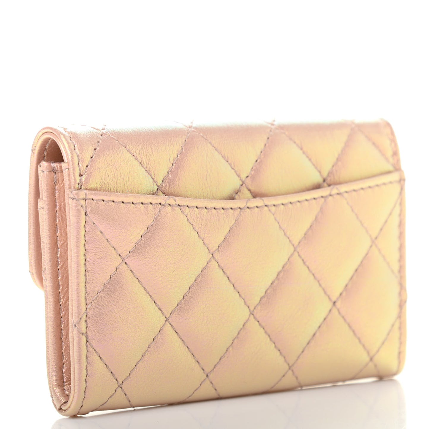 Iridescent Calfskin Quilted Flap Card Holder Wallet Pink