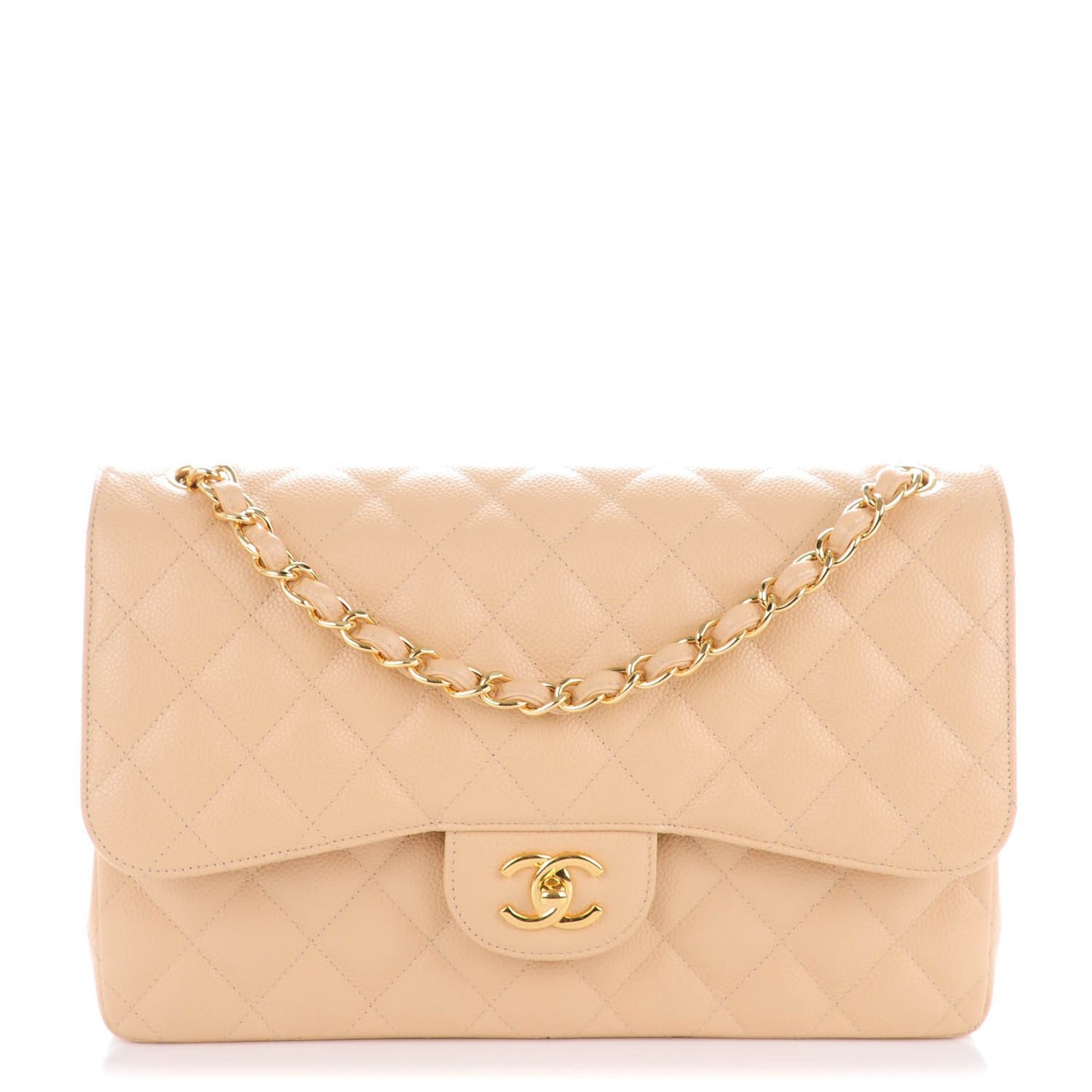 Caviar Quilted Jumbo Double Flap Beige Clair