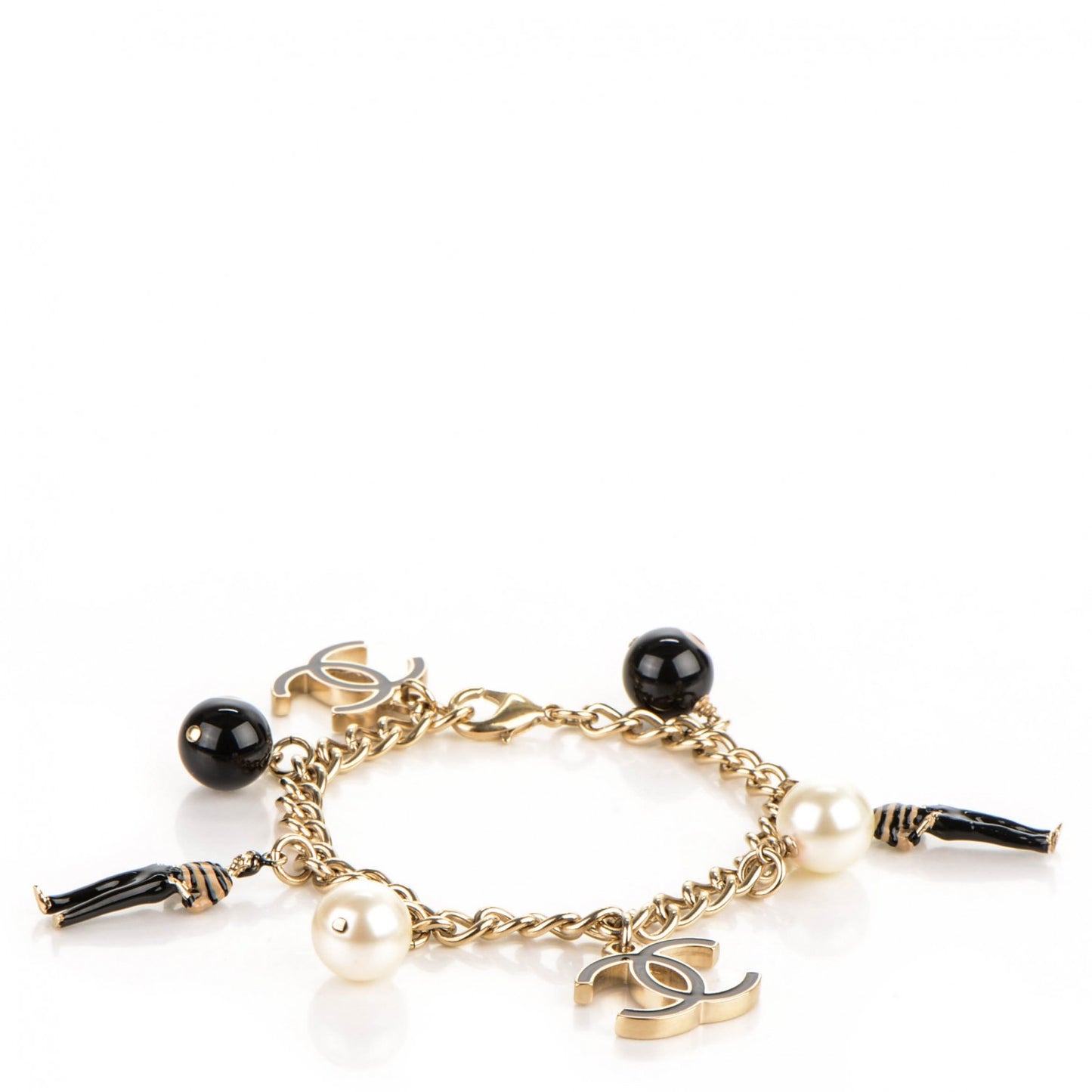 Pearl Bead CC Charm Bracelet Black Gold