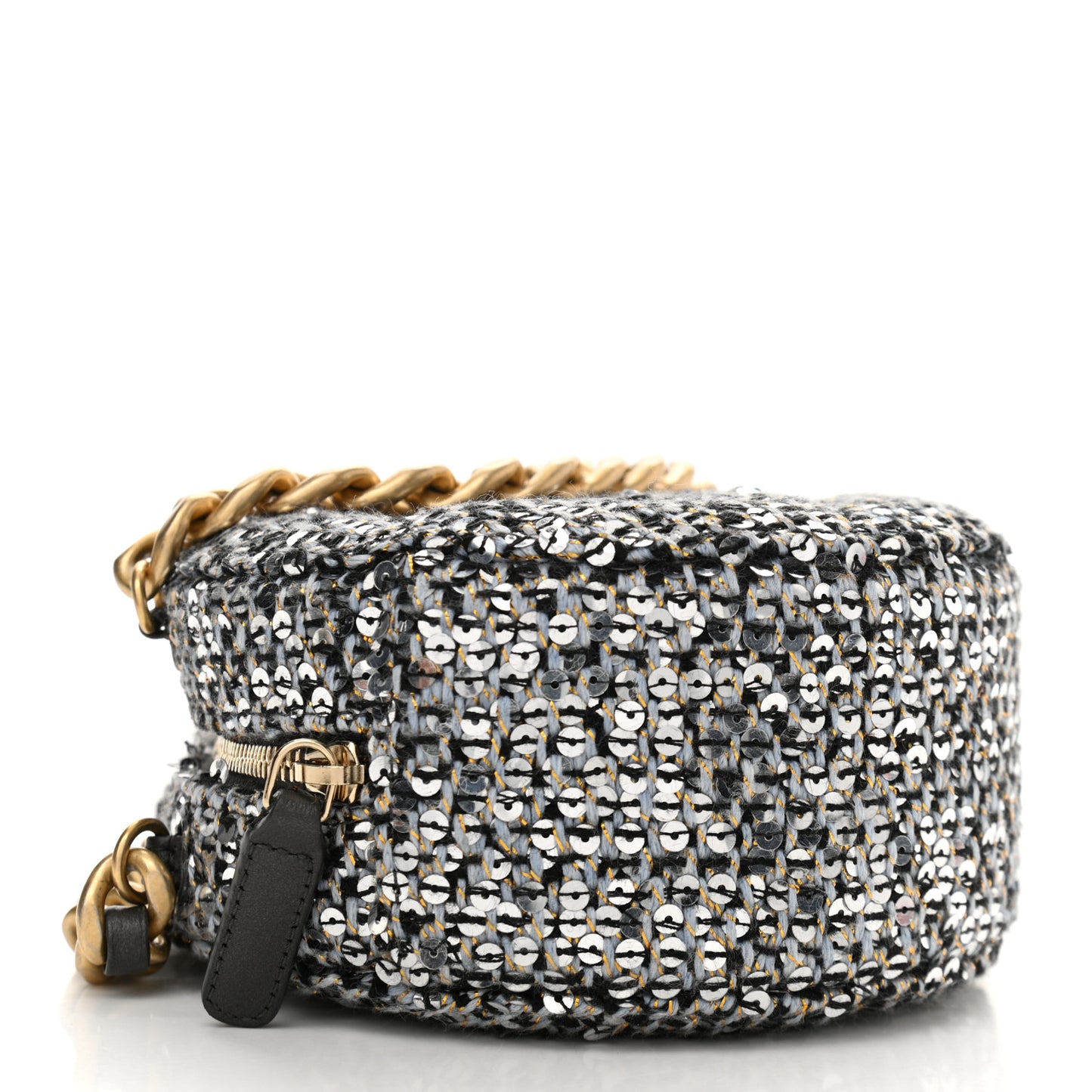 Sequin Chanel 19 Round Clutch With Chain Silver Black