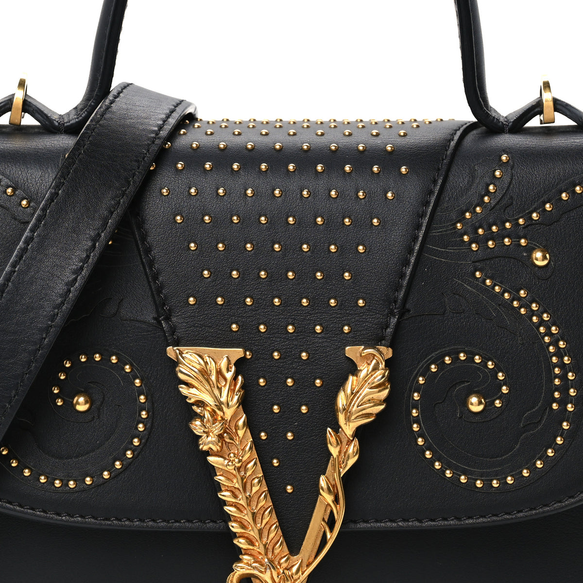 Vitello Western Studded Virtus Mini Top Handle Shoulder Bag Black