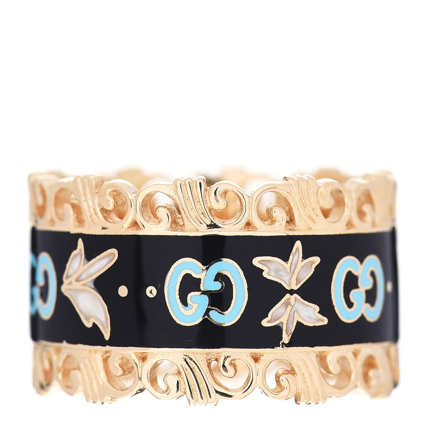 Gucci 18K Yellow Gold Enamel Wide Icon Blooms Ring Black 54 6.75 1 of 5