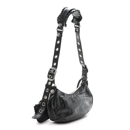 Balenciaga Extra Supple Calfskin Crystal Crocodile Embossed Le Cagole Shoulder Bag XS Black 3 of 11