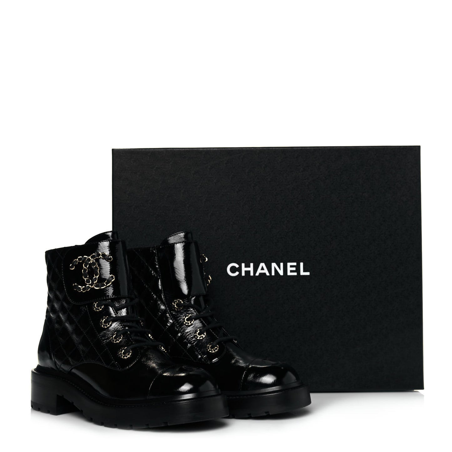 Shiny Calfskin Quilted Lace Up Combat Boots 37 Black