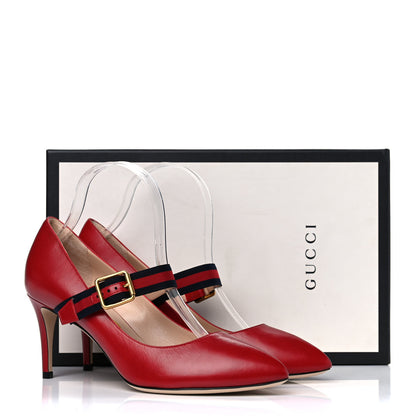 Gucci Malaga Kid Sylvie Web Mid Heel Pumps 38 Hibiscus Red 13 of 13