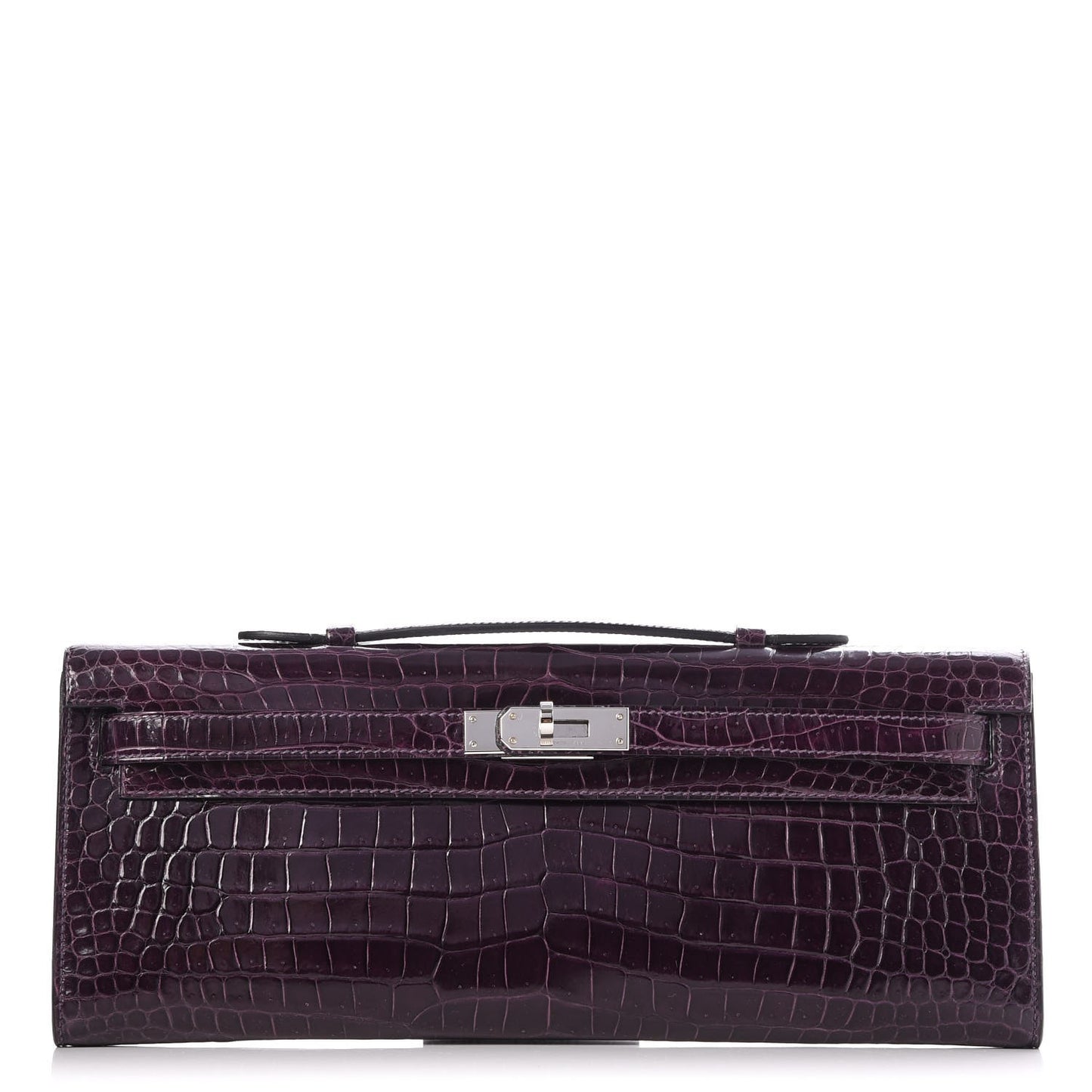 Shiny Porosus Crocodile Kelly Cut Pochette Aubergine