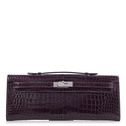 Hermes Shiny Porosus Crocodile Kelly Cut Pochette Aubergine 1 of 23