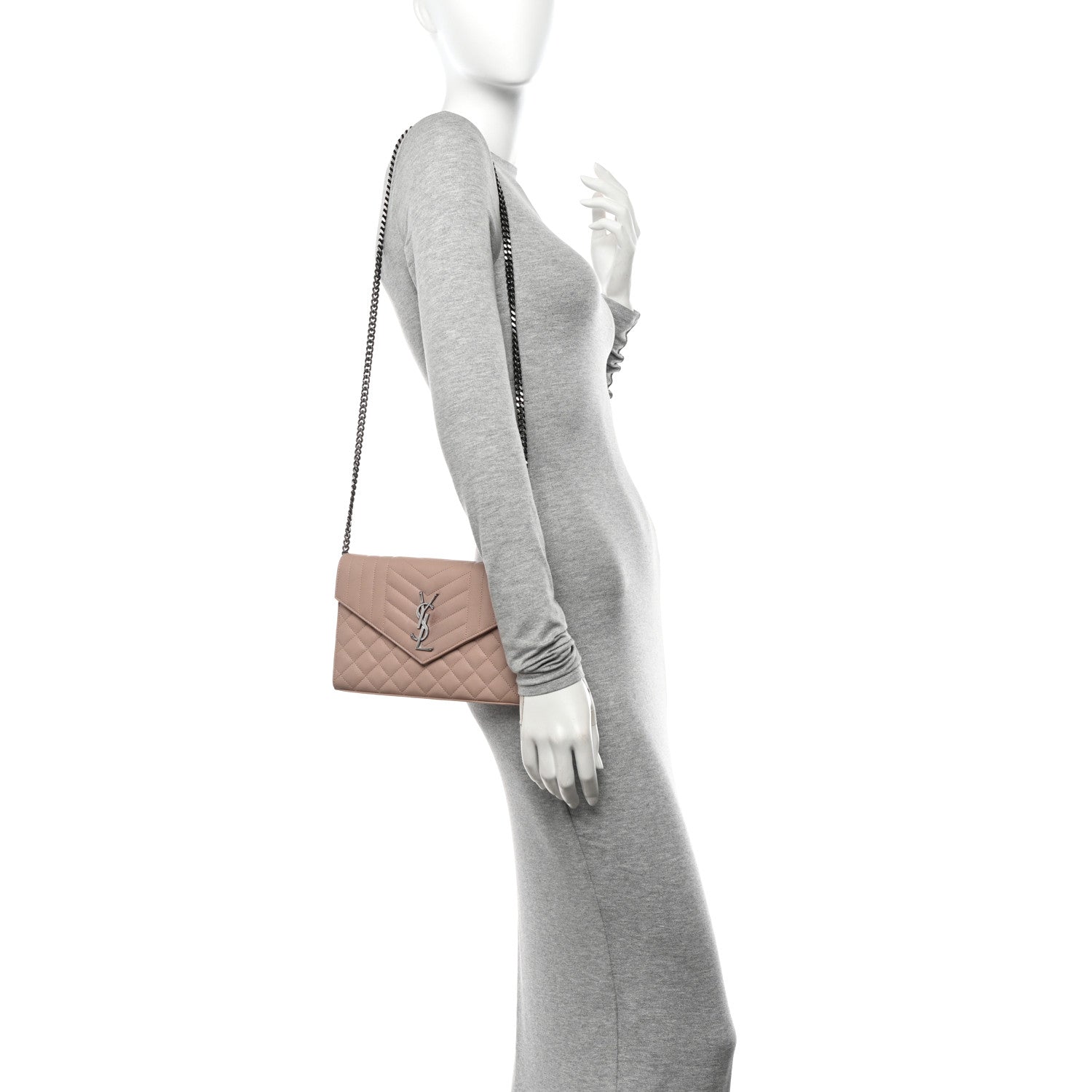 Saint Laurent Sheepskin Tri-Quilt Monogram Envelope Chain Wallet Dark Beige 2 of 12
