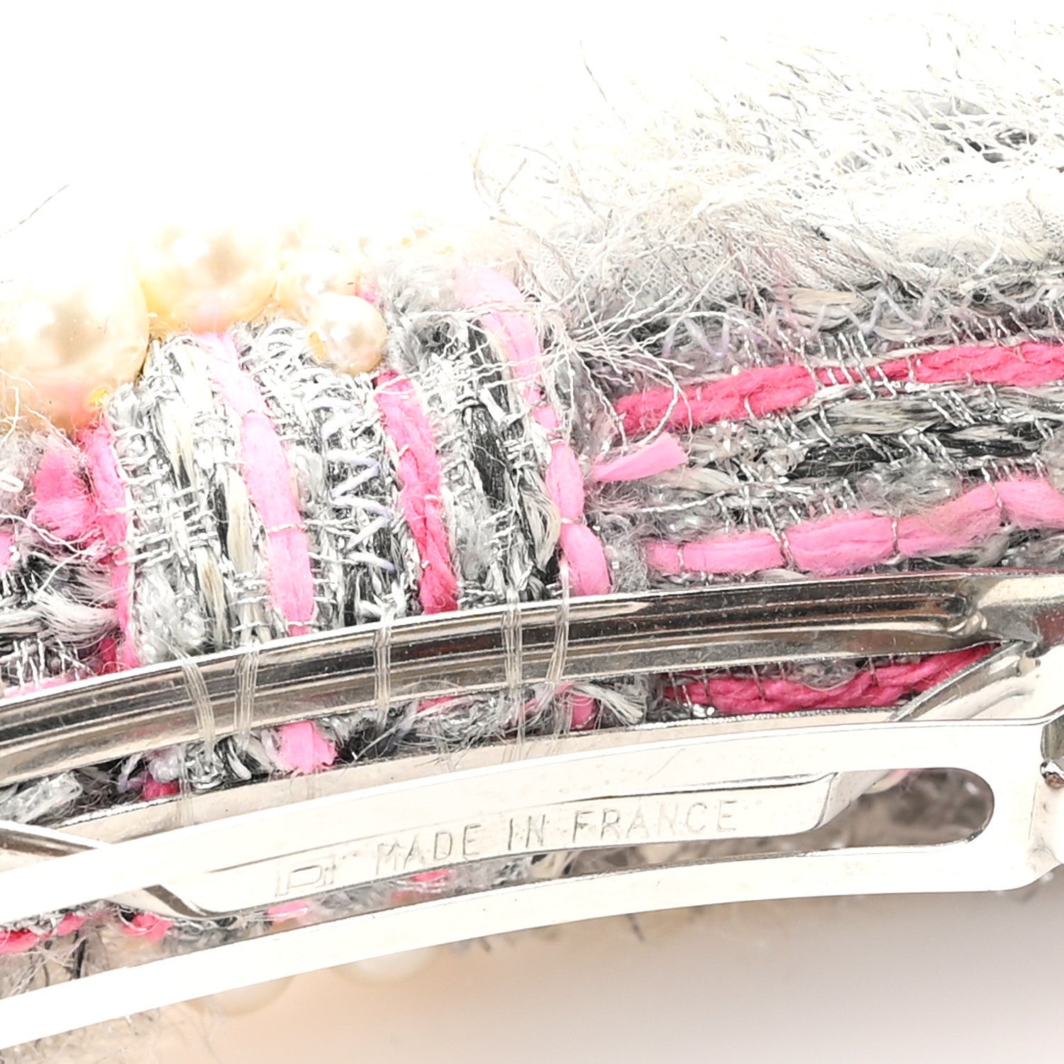 Chanel Metallic Tweed Pearl Bow Barrette Grey Pink 3 of 4