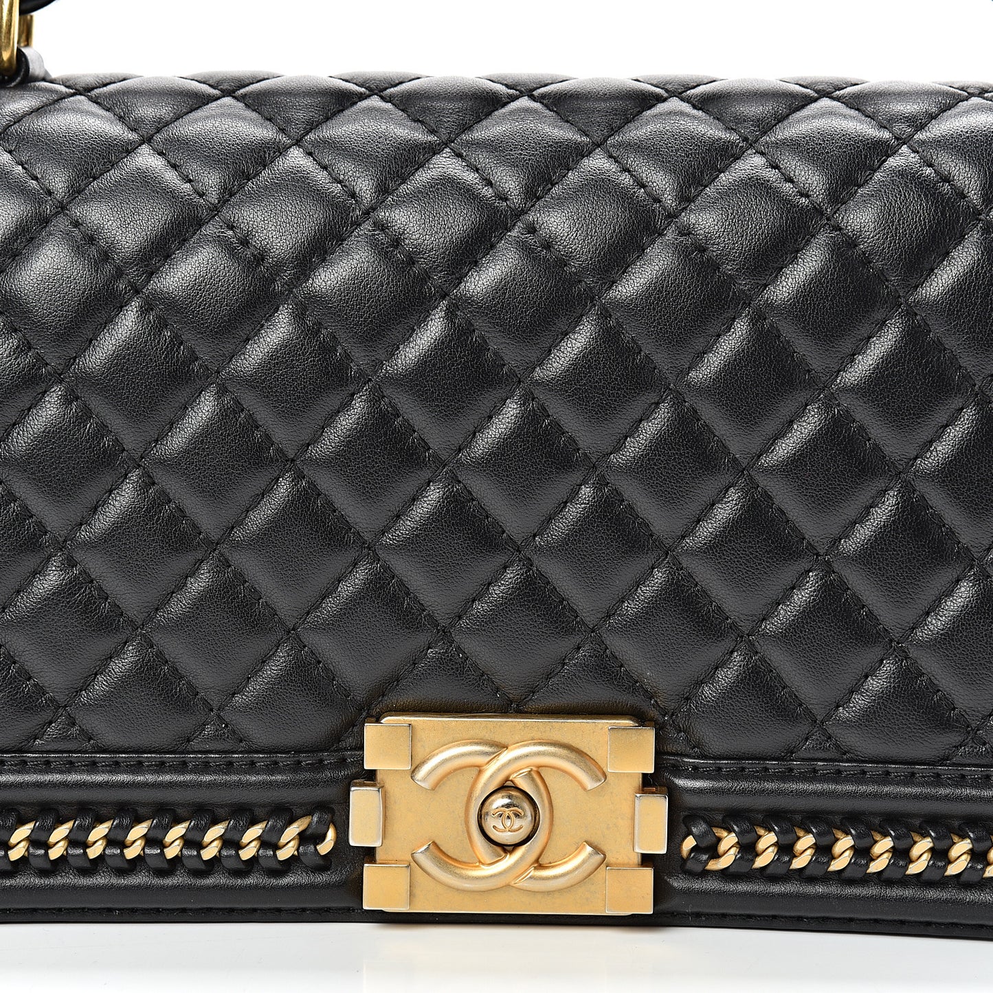 Calfskin Quilted Medium Boy Top Handle Flap Black