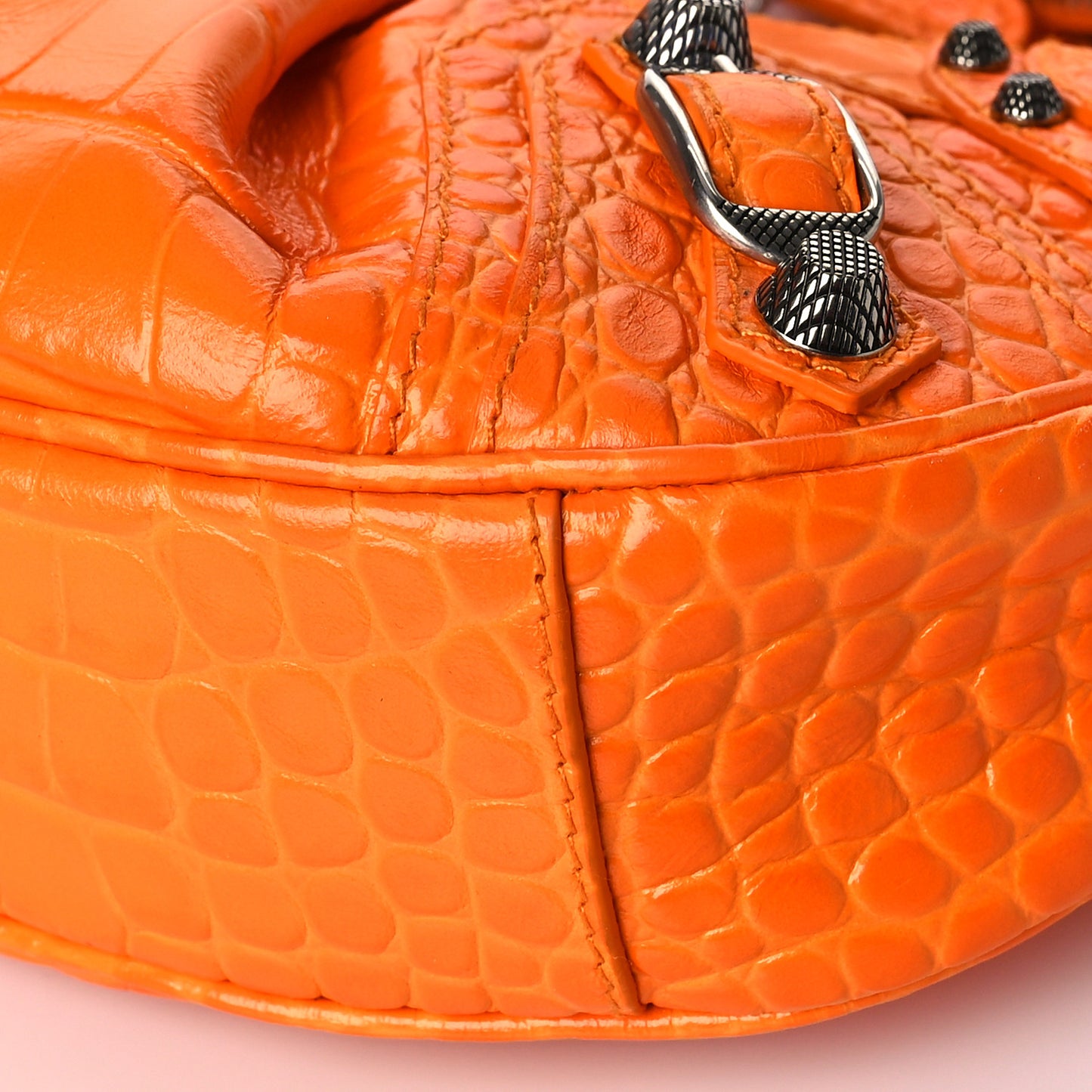 Extra Supple Calfskin Crocodile Embossed Le Cagole Shoulder Bag XS Pop Orange