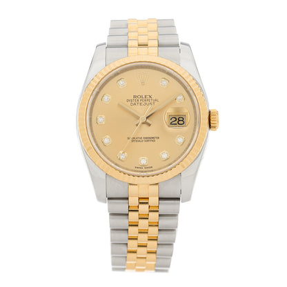 Rolex Stainless Steel 18K Yellow Gold Diamond 36mm Oyster Perpetual Datejust Watch Champagne 116233 1 of 4