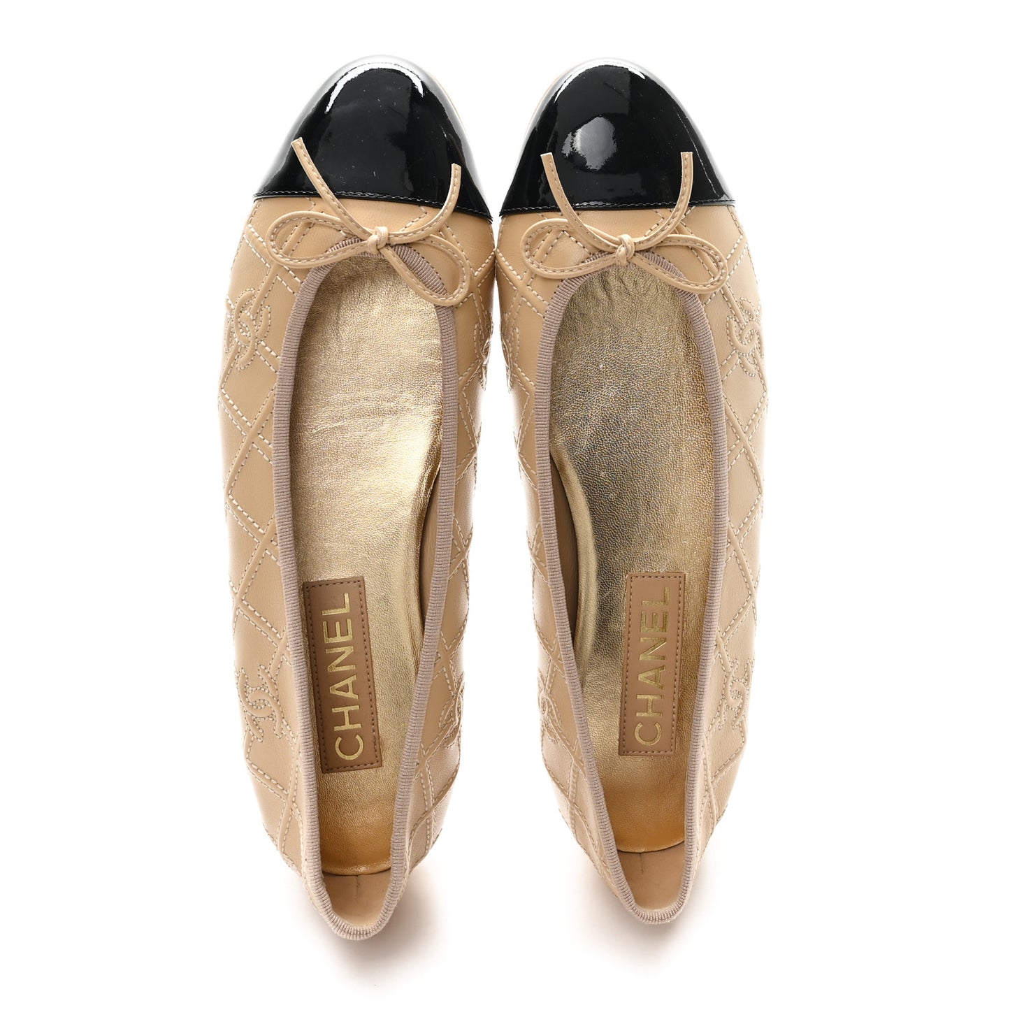 Lambskin Patent Double Stitched CC Cap Toe Ballerina Flats 41 Beige Black