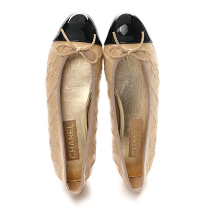 Chanel Lambskin Patent Double Stitched CC Cap Toe Ballerina Flats 41 Beige Black 2 of 9