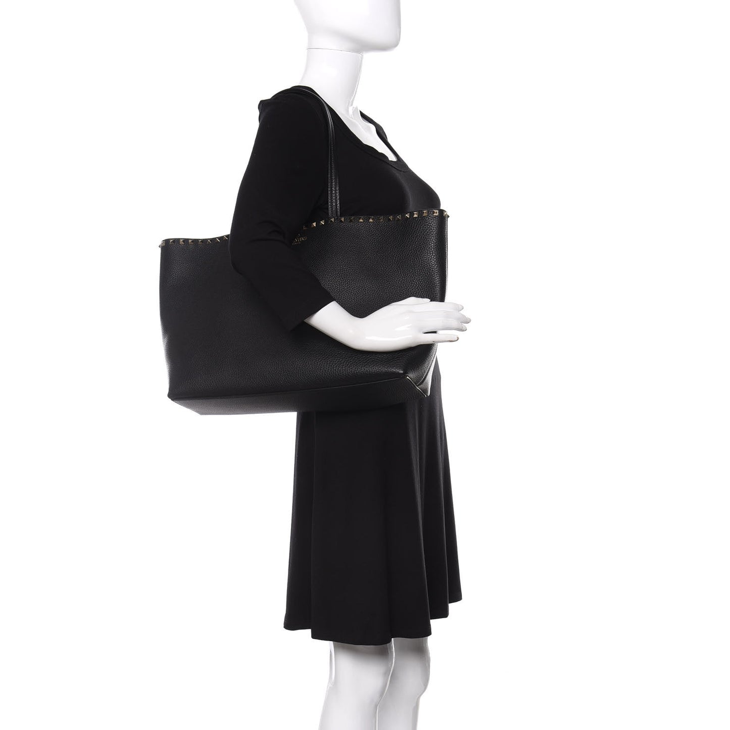 Grained Calfskin Rockstud Shoulder Tote Black