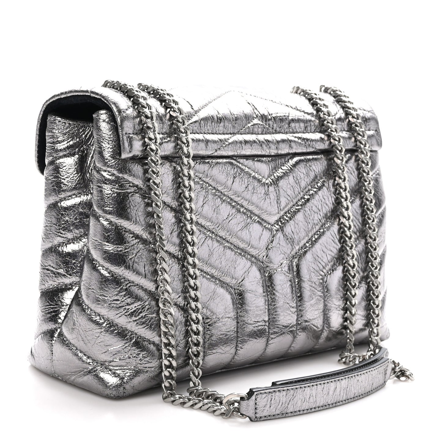 Metallic Calfskin Y Quilted Monogram Small Loulou Chain Satchel Acciaio