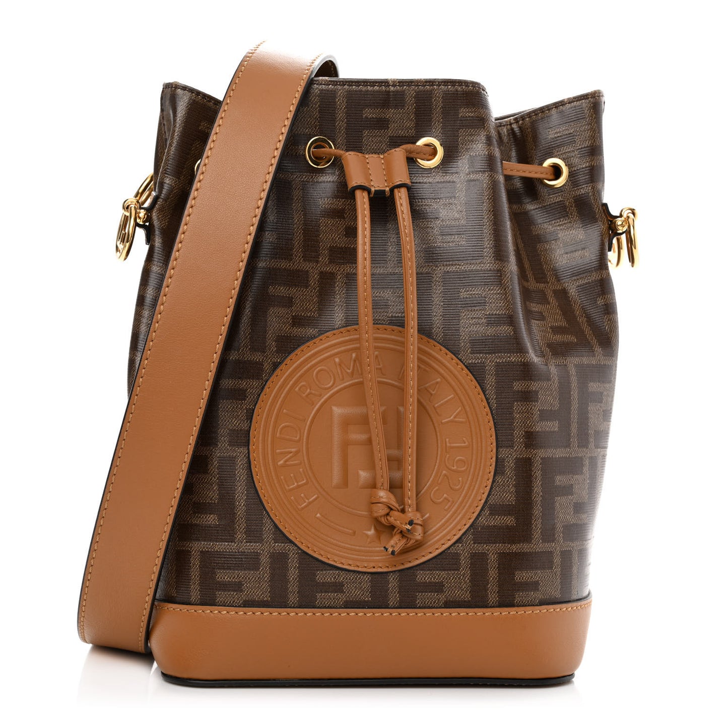 Glazed Fabric Vitello Grace F is Fendi FF 1974 Stamp Patch Grande Mon Tresor Bucket Bag Mogano Panna Nocciola
