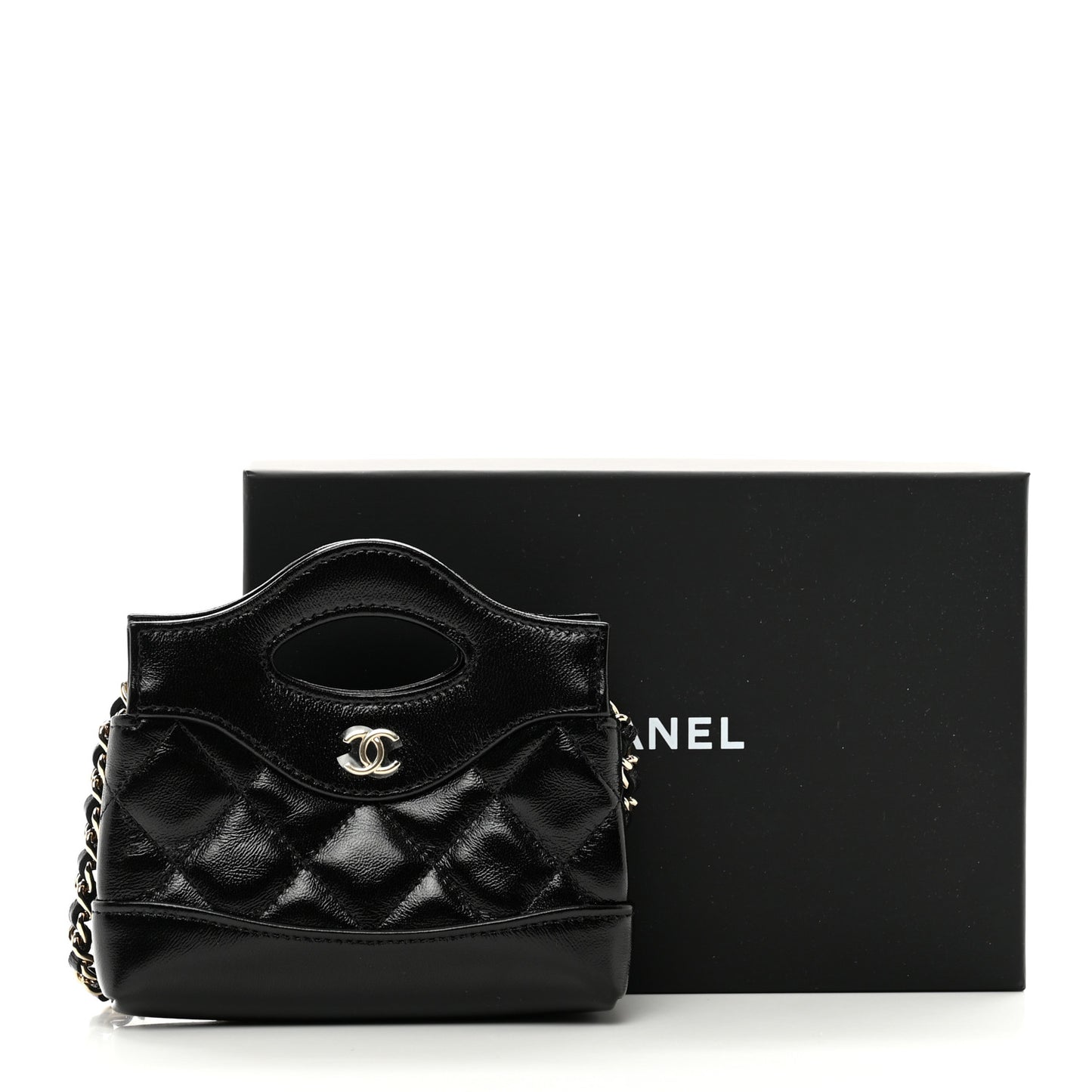 Shiny Lambskin Quilted Micro 31 Clutch With Chain Black