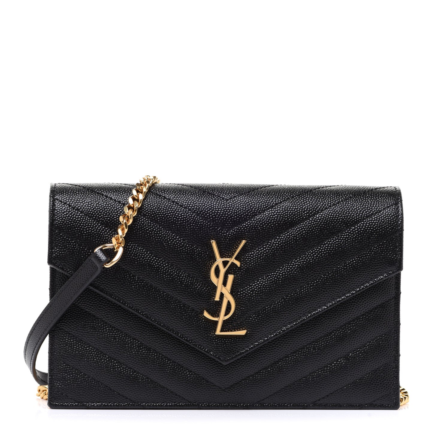 Grain De Poudre Matelasse Chevron Monogram Envelope Chain Wallet Black