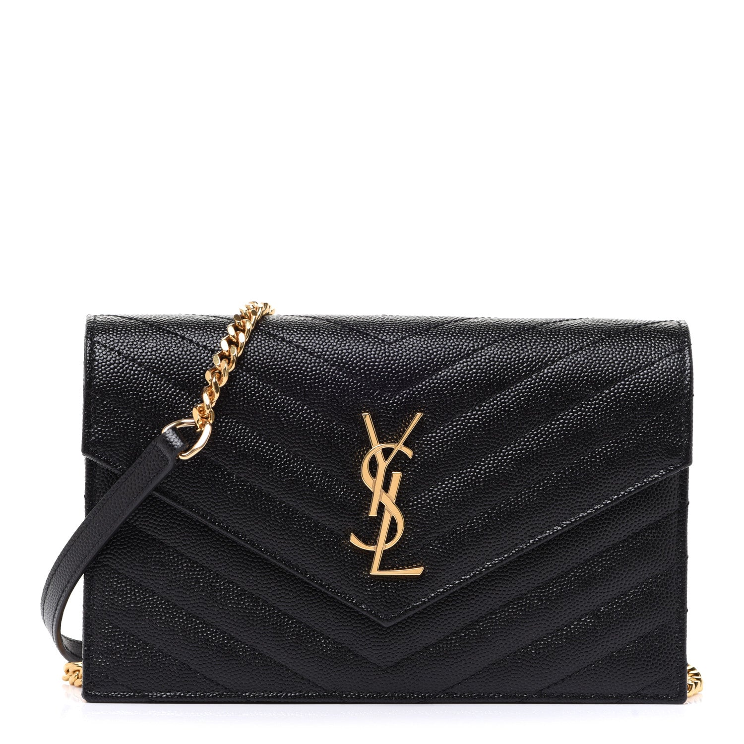 Saint Laurent Grain De Poudre Matelasse Chevron Monogram Envelope Chain Wallet Black 1 of 8