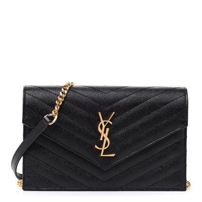 Saint Laurent Grain De Poudre Matelasse Chevron Monogram Envelope Chain Wallet Black 1 of 8