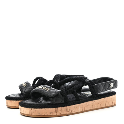 Chanel Cord Lambskin Quilted Logo Sandals 38 Black 3 of 4