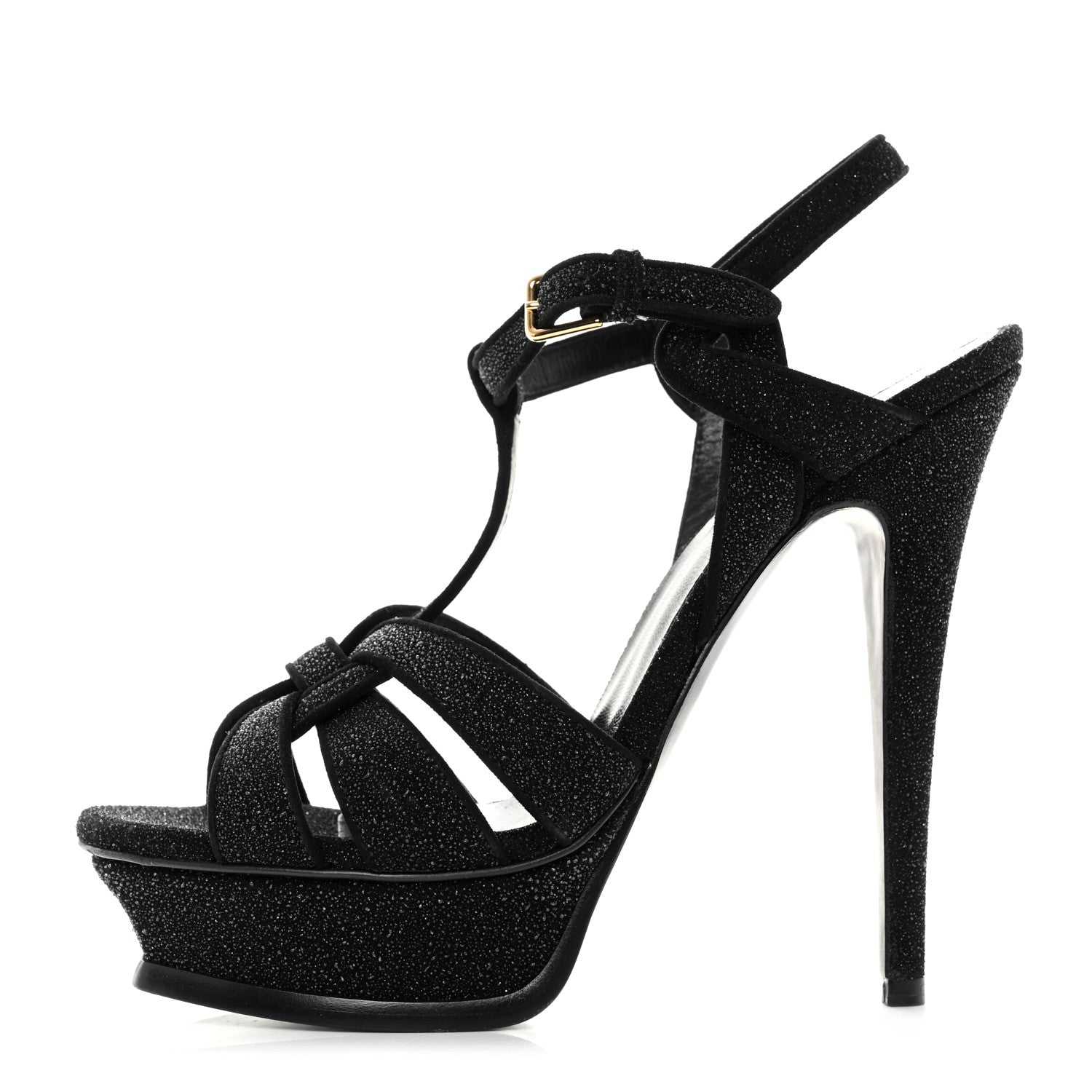Saint Laurent Glitter Effect Calfskin Tribute 105 Platform Sandals 37.5 Black 2 of 8