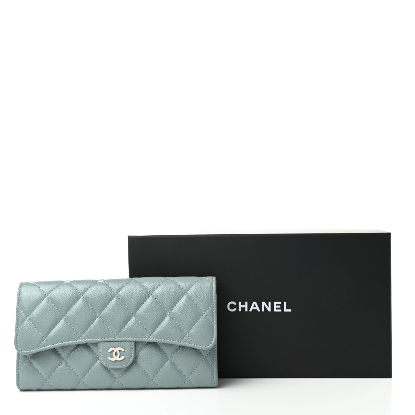 Caviar Quilted Large Gusset Flap Wallet Light Blue