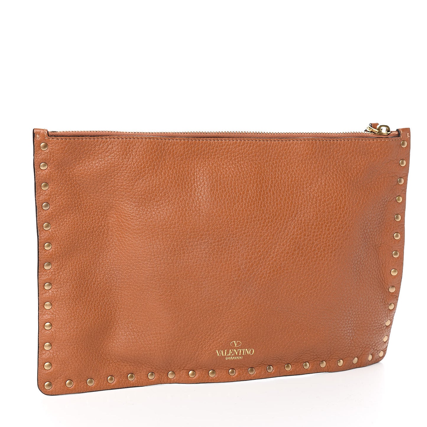 Pebbled Calfskin Turquoise Large Rockstud Rolling Zip Pouch Brown