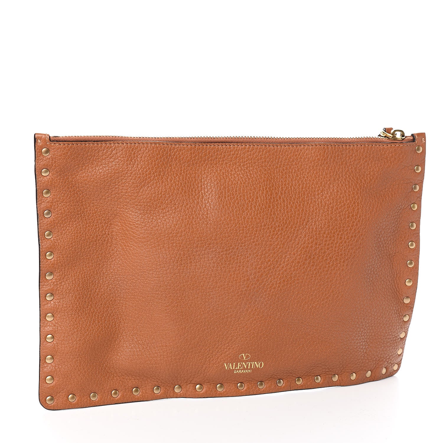 Valentino Garavani Pebbled Calfskin Turquoise Large Rockstud Rolling Zip Pouch Brown 3 of 7