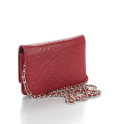 Chanel Lambskin Camellia Embossed Wallet On Chain WOC Red 3 of 8