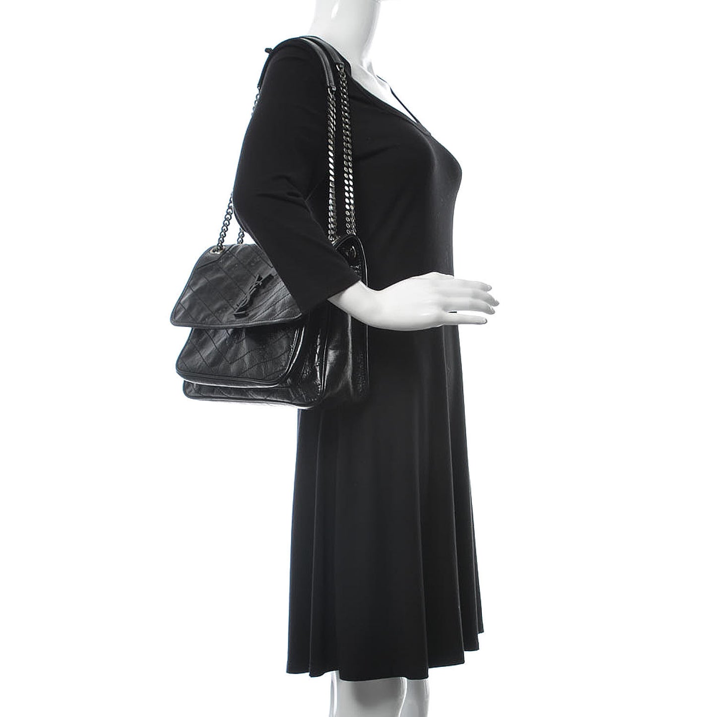 Crinkled Calfskin Matelasse Monogram Medium Niki Chain Satchel Black