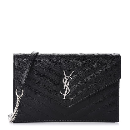 Saint Laurent Grain De Poudre Matelasse Chevron Monogram Envelope Chain Wallet Black 1 of 11