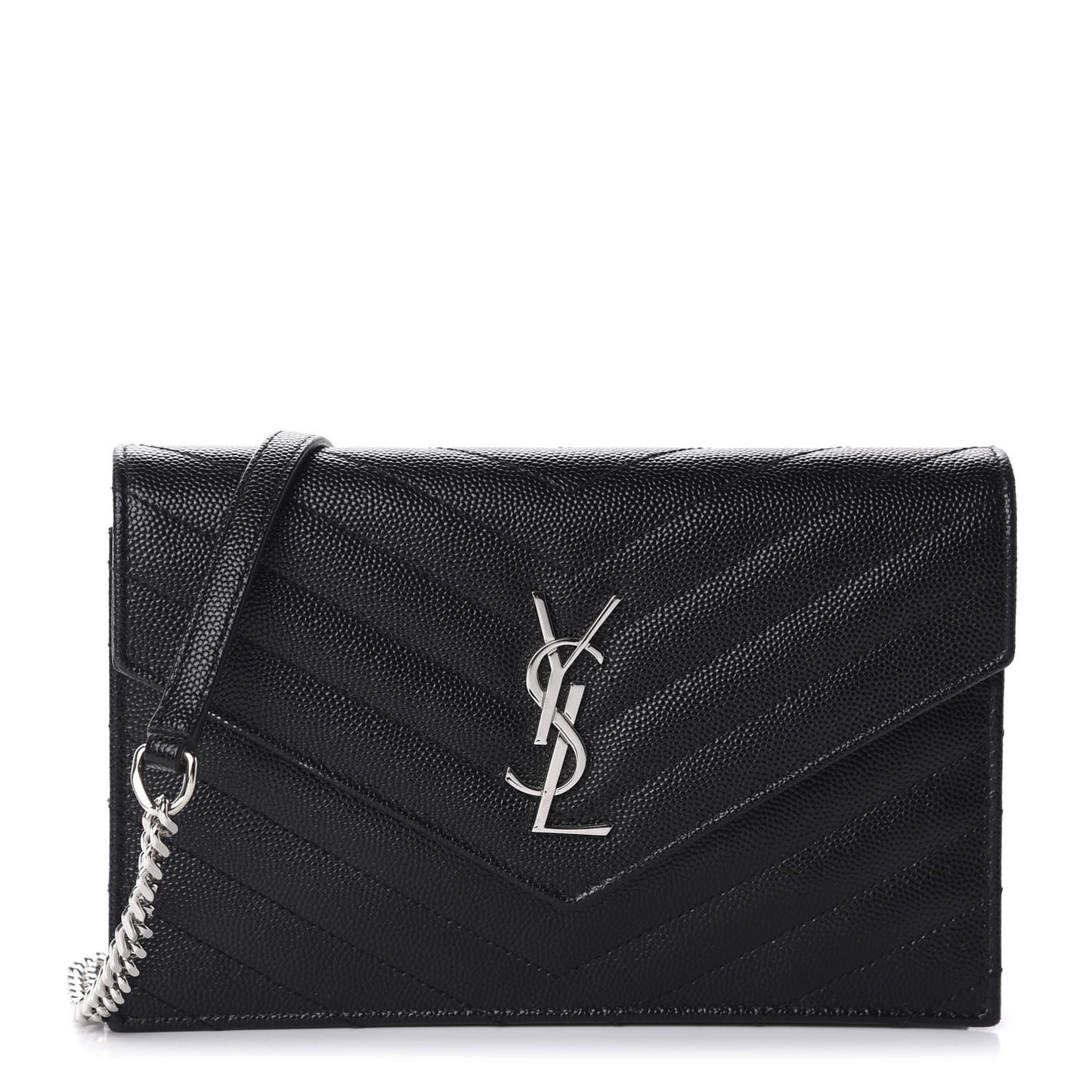 Grain De Poudre Matelasse Chevron Monogram Envelope Chain Wallet Black