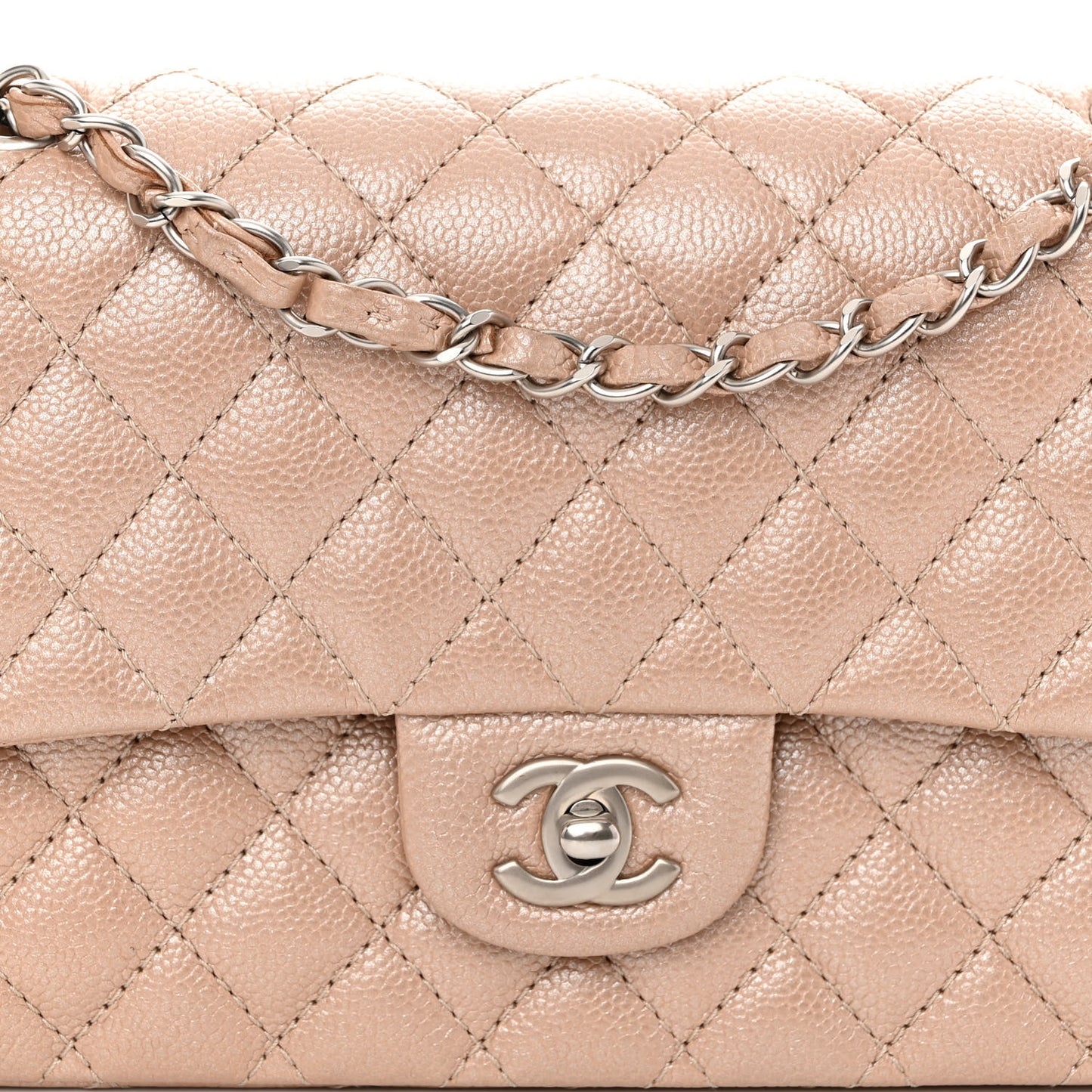 Iridescent Caviar Quilted Medium Double Flap Beige