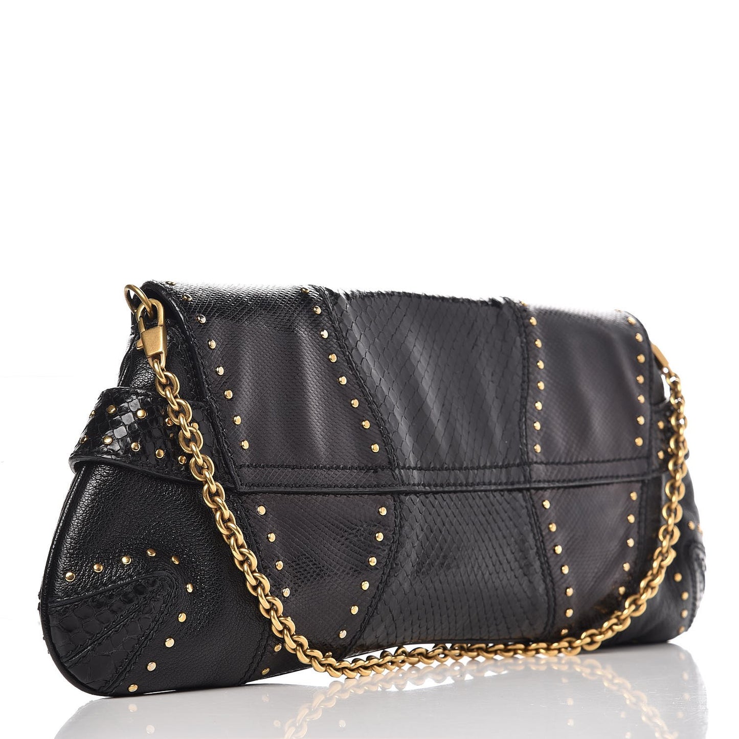Python Studded Horsebit Chain Clutch Black