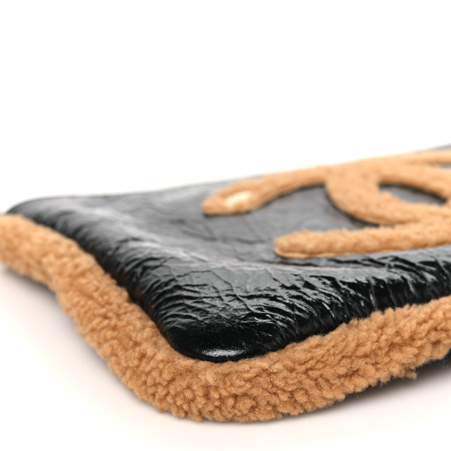Chanel Shiny Crumpled Sheepskin Shearling CC Mania Zip Pouch Black Beige 8 of 9