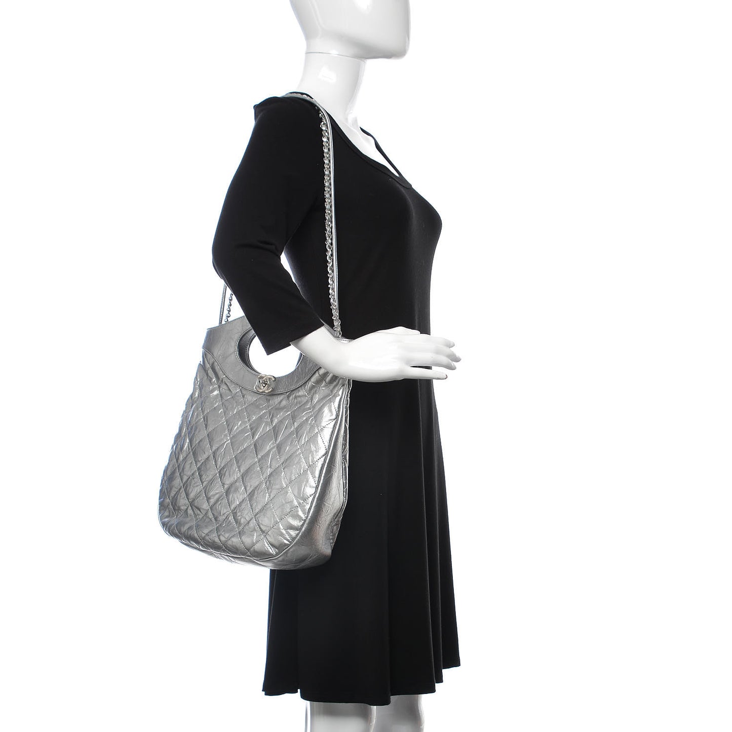 Metallic Crumpled Calfskin Small 31 Shopping Bag Silver