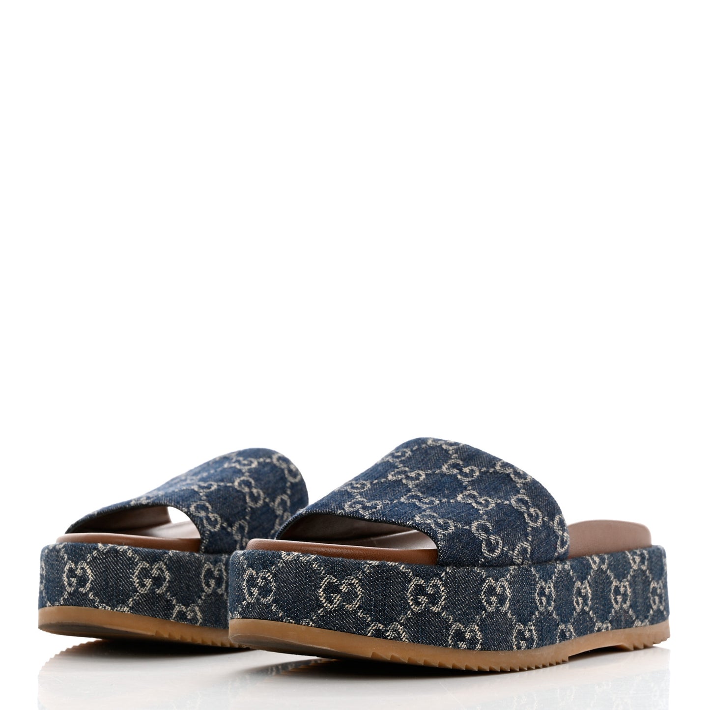 New Denim GG Monogram Angelina Platform 55mm Slide Sandals 37 Blue Tea