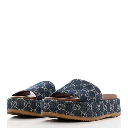 Gucci New Denim GG Monogram Angelina Platform 55mm Slide Sandals 37 Blue Tea 3 of 9