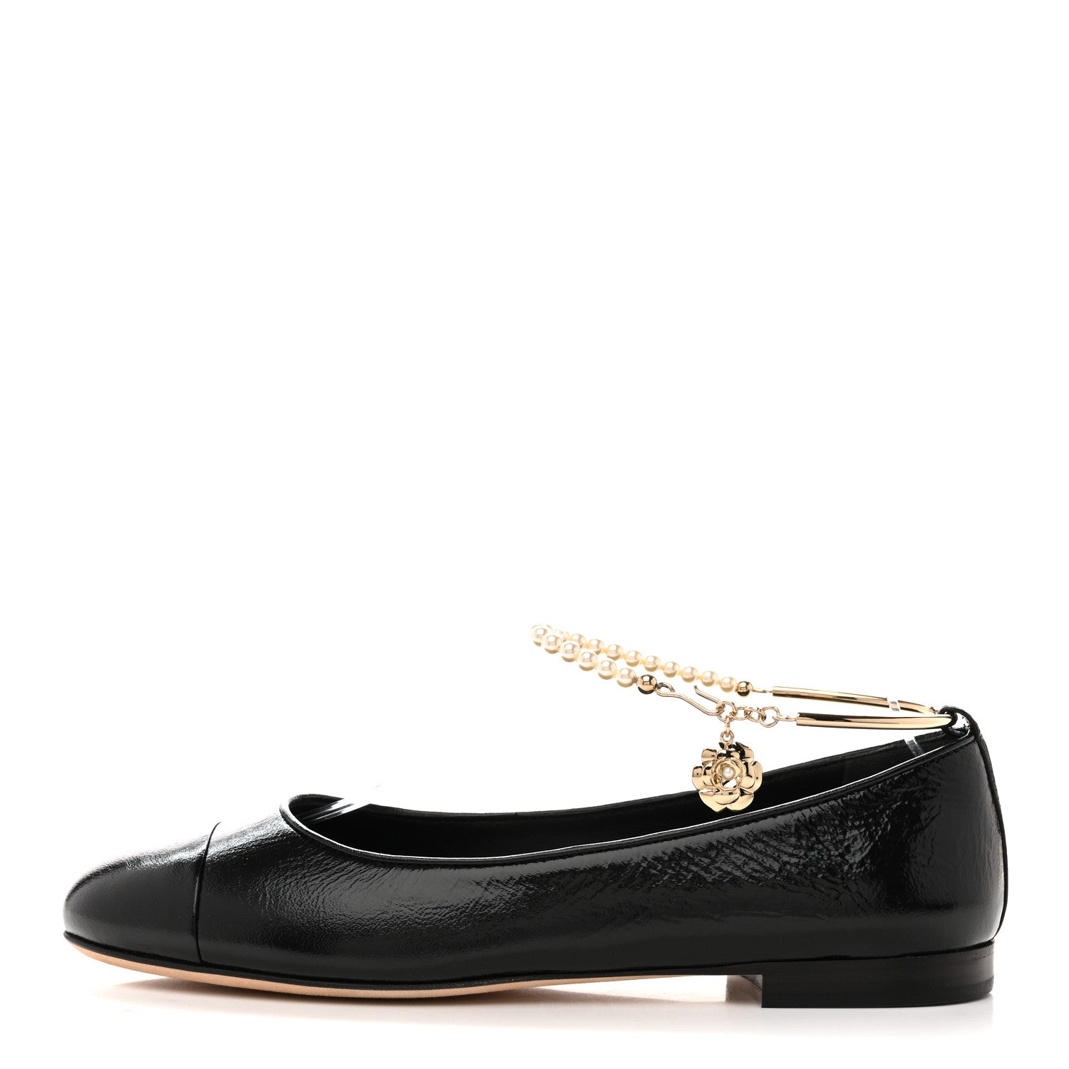 Chanel Shiny Lambskin Pearl Cap Toe Ankle Chain Ballerina Flats 39 Black 1 of 10