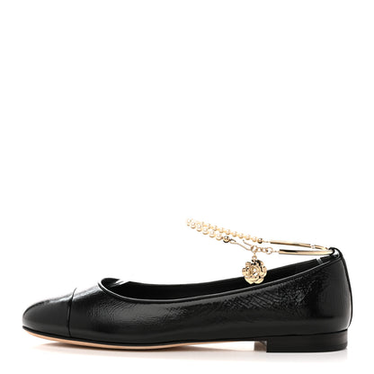 Chanel Shiny Lambskin Pearl Cap Toe Ankle Chain Ballerina Flats 39 Black 1 of 10