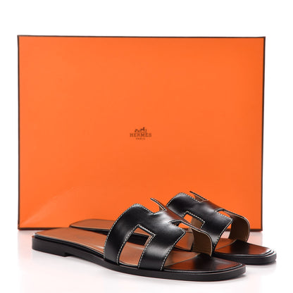 Hermes Box Calfskin Oran Sandals 37.5 Black 8 of 8