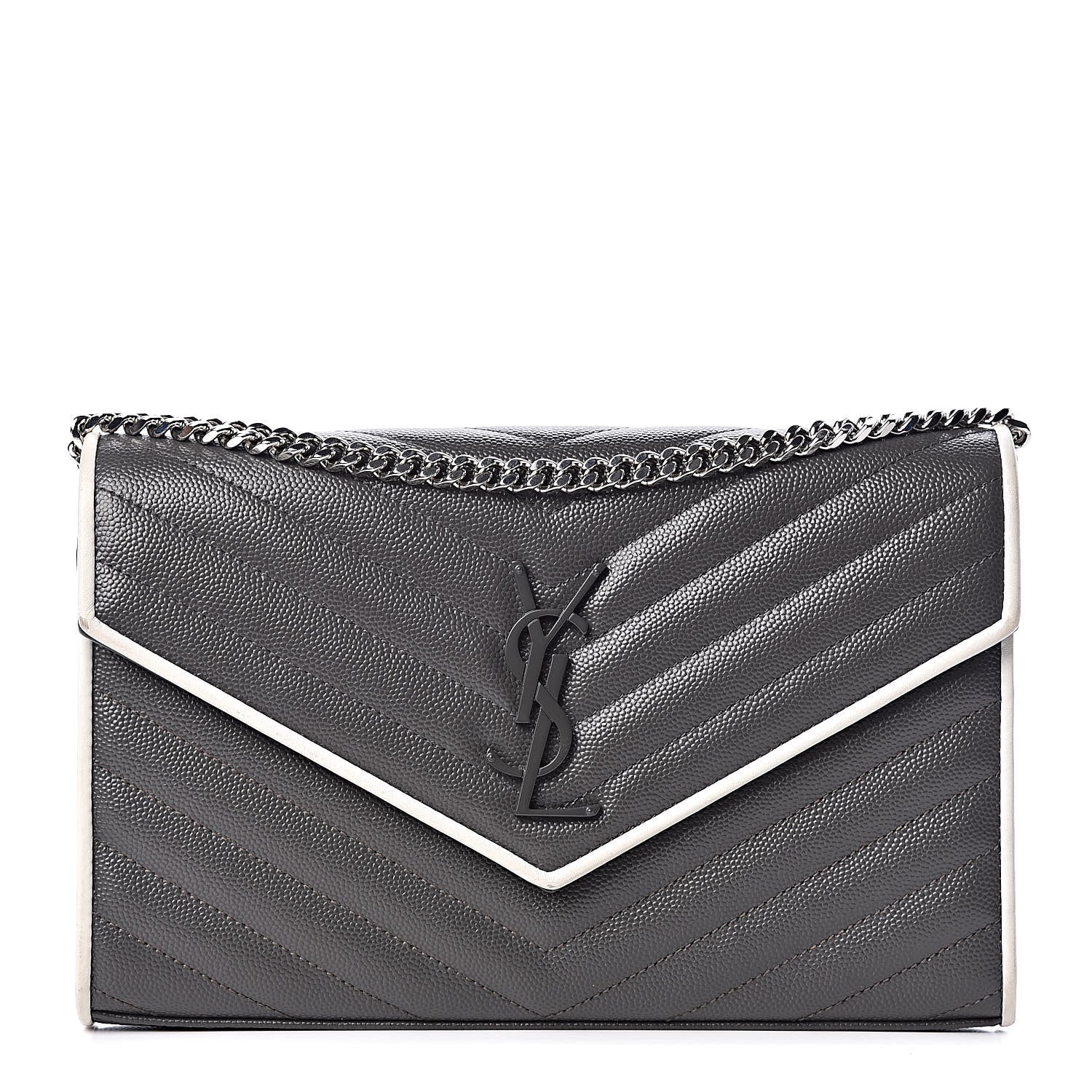 Saint Laurent Grain De Poudre Matelasse Chevron Monogram Chain Wallet Grey White 1 of 10