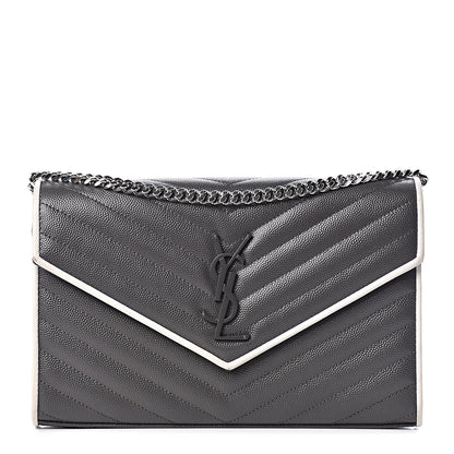 Saint Laurent Grain De Poudre Matelasse Chevron Monogram Chain Wallet Grey White 1 of 10
