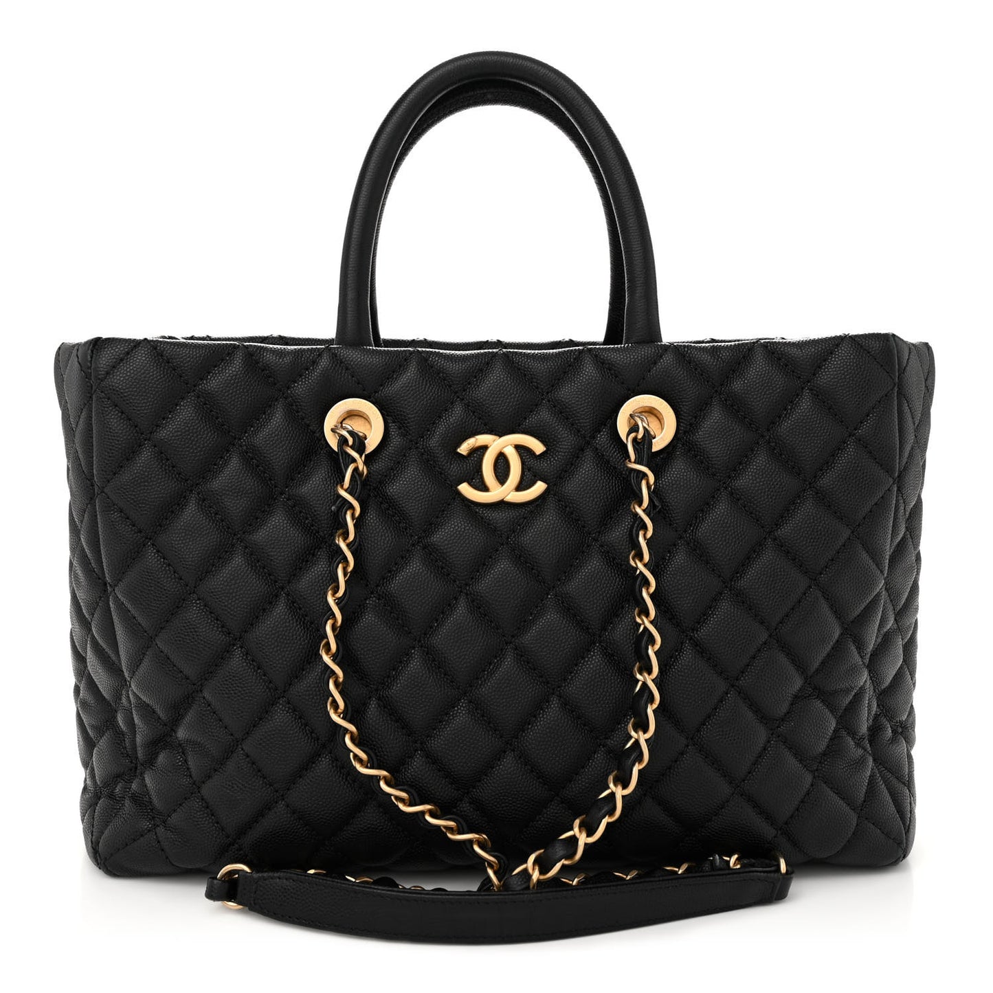 Caviar Quilted Coco Handle Shopping Tote Black