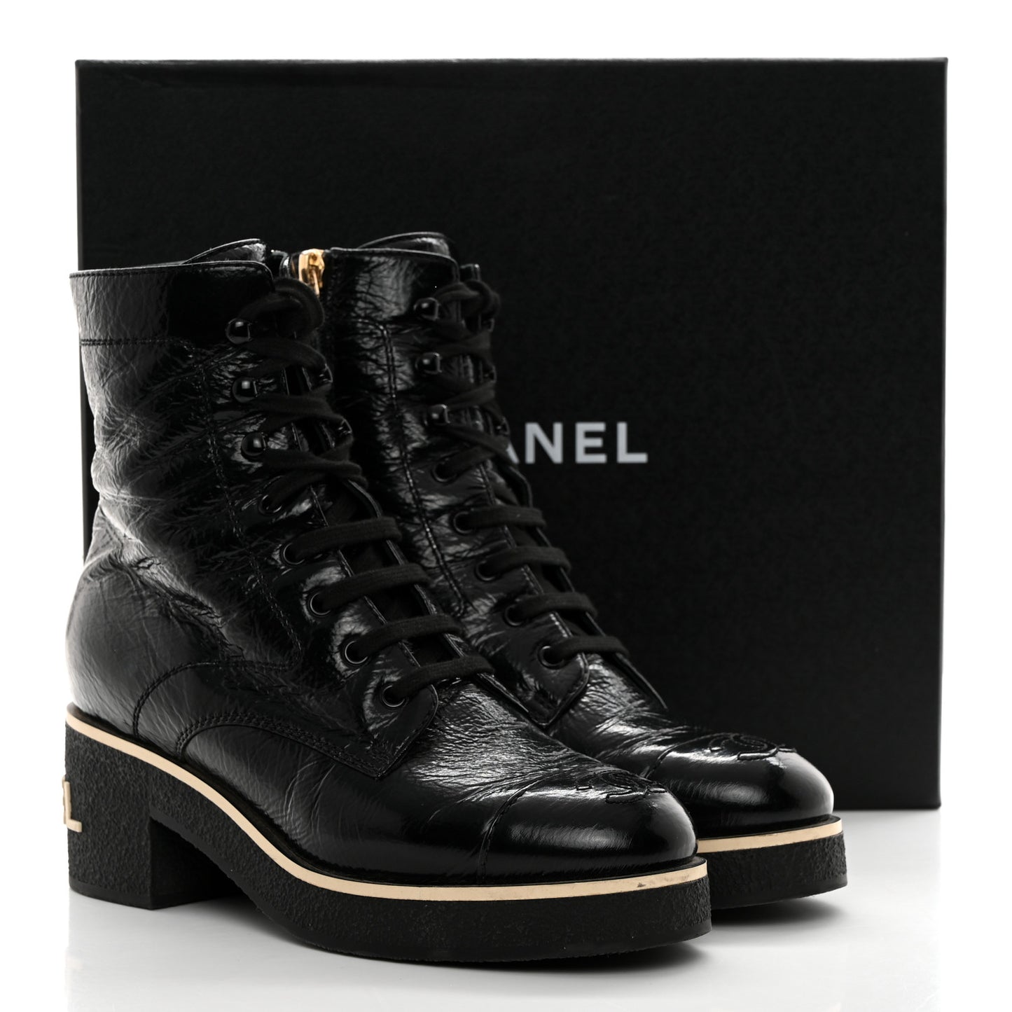 Shiny Crumpled Lambskin Lace Up Combat Boots 38 Black