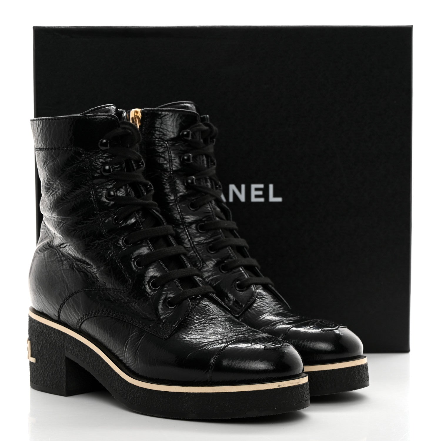 Chanel Shiny Crumpled Lambskin Lace Up Combat Boots 38 Black 10 of 10